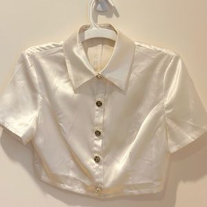White Satin Crop Top with Gold Buttons - Meshki XS New